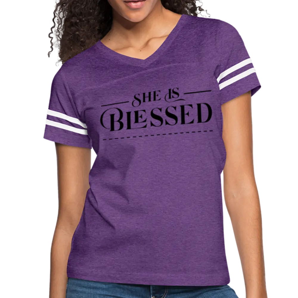 Women’s Graphic Vintage Tee – "She is Blessed" Sport T-shirt | Poly-Cotton Blend, Contrasting Stripes | Grey Coco