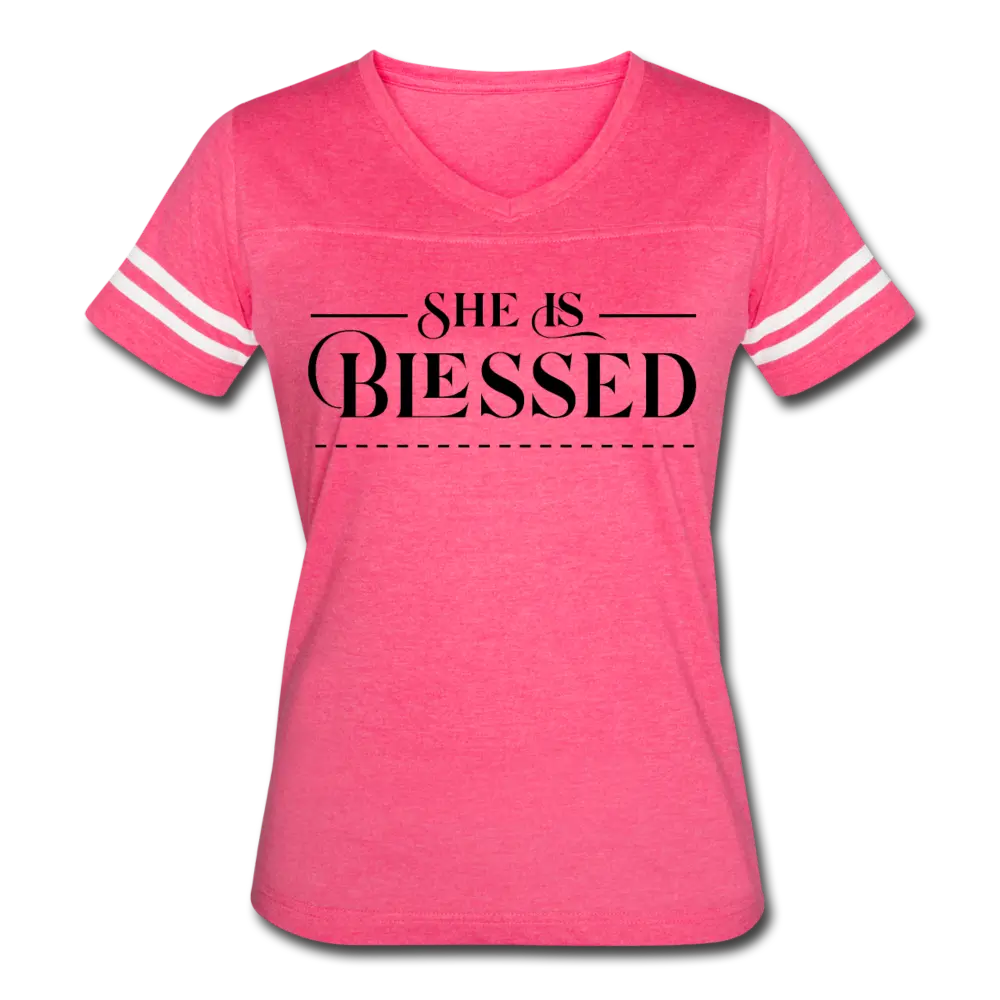 Women’s Graphic Vintage Tee – "She is Blessed" Sport T-shirt | Poly-Cotton Blend, Contrasting Stripes | Grey Coco