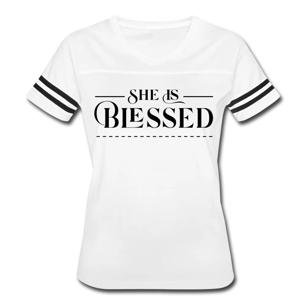 Women’s Graphic Vintage Tee – "She is Blessed" Sport T-shirt | Poly-Cotton Blend, Contrasting Stripes | Grey Coco