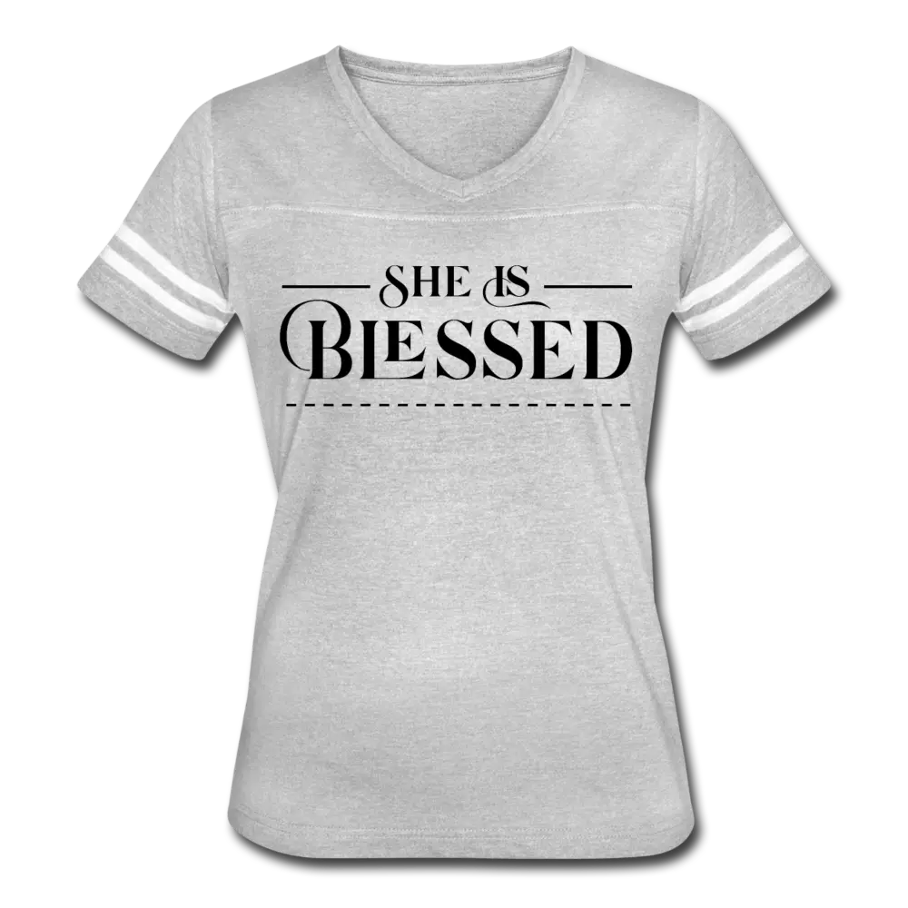 Women’s Graphic Vintage Tee – "She is Blessed" Sport T-shirt | Poly-Cotton Blend, Contrasting Stripes | Grey Coco