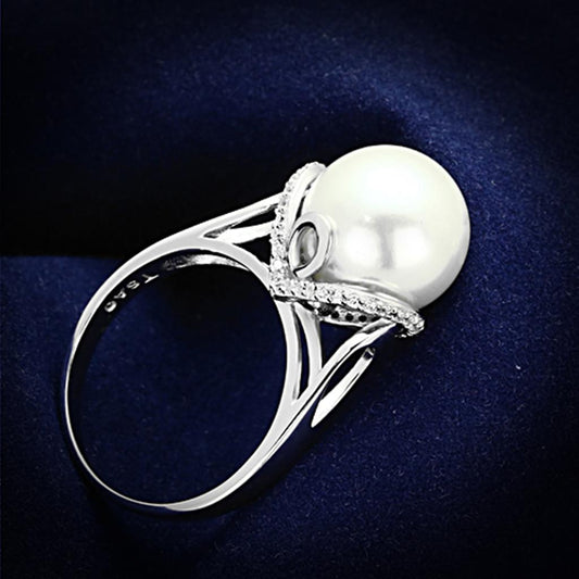 Rhodium 925 Sterling Silver Ring with Synthetic Pearl in White