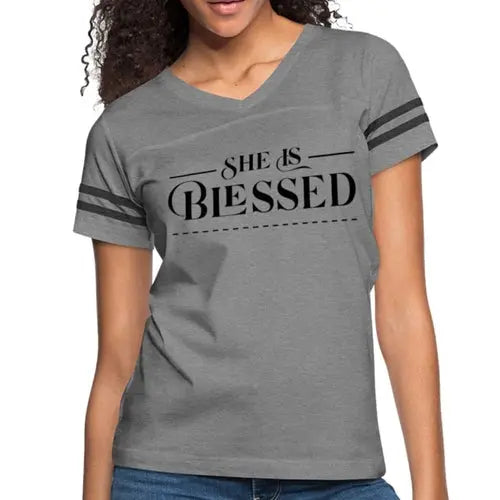 Women’s Graphic Vintage Tee – "She is Blessed" Sport T-shirt | Poly-Cotton Blend, Contrasting Stripes | Grey Coco