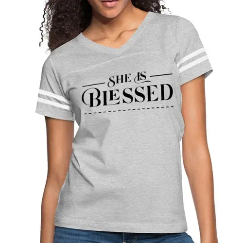 Women’s Graphic Vintage Tee – "She is Blessed" Sport T-shirt | Poly-Cotton Blend, Contrasting Stripes | Grey Coco