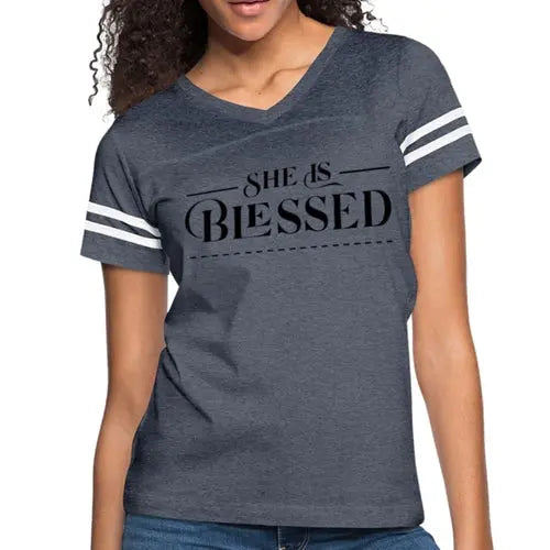 Women’s Graphic Vintage Tee – "She is Blessed" Sport T-shirt | Poly-Cotton Blend, Contrasting Stripes | Grey Coco