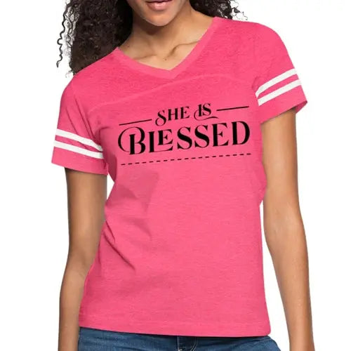 Women’s Graphic Vintage Tee – "She is Blessed" Sport T-shirt | Poly-Cotton Blend, Contrasting Stripes | Grey Coco