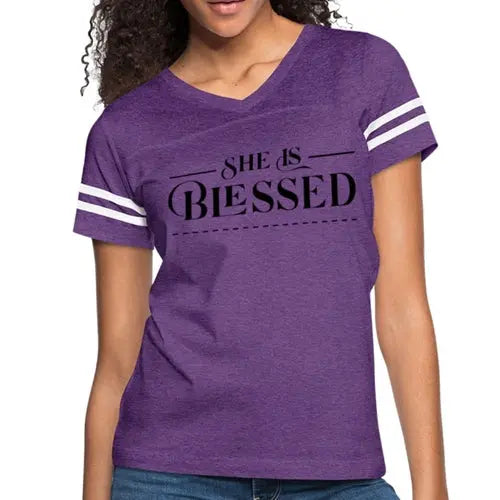 Women’s Graphic Vintage Tee – "She is Blessed" Sport T-shirt | Poly-Cotton Blend, Contrasting Stripes | Grey Coco