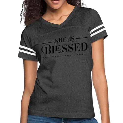 Women’s Graphic Vintage Tee – "She is Blessed" Sport T-shirt | Poly-Cotton Blend, Contrasting Stripes | Grey Coco