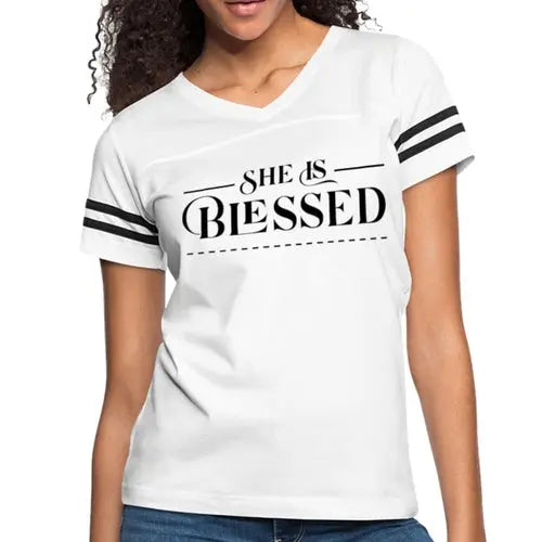 Women’s Graphic Vintage Tee – "She is Blessed" Sport T-shirt | Poly-Cotton Blend, Contrasting Stripes | Grey Coco