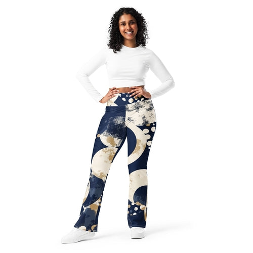 Womens Flare Leggings - Blue Beige Spotted Print | Grey Coco