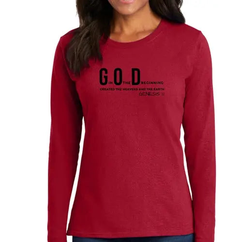 Womens Long Sleeve Graphic T-shirt – God in the Beginning Print | Scripture Verse Tee | Grey Coco