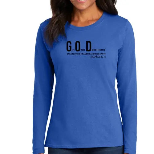 Womens Long Sleeve Graphic T-shirt – God in the Beginning Print | Scripture Verse Tee | Grey Coco