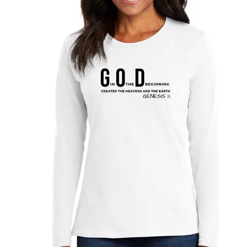 Womens Long Sleeve Graphic T-shirt – God in the Beginning Print | Scripture Verse Tee | Grey Coco