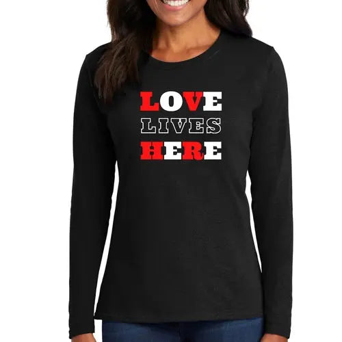 Womens Long Sleeve Graphic T-shirt - Love Lives Here | Christian Inspirational Tee | Grey Coco
