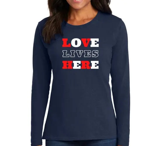 Womens Long Sleeve Graphic T-shirt - Love Lives Here | Christian Inspirational Tee | Grey Coco