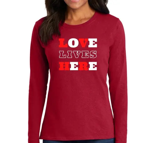 Womens Long Sleeve Graphic T-shirt - Love Lives Here | Christian Inspirational Tee | Grey Coco