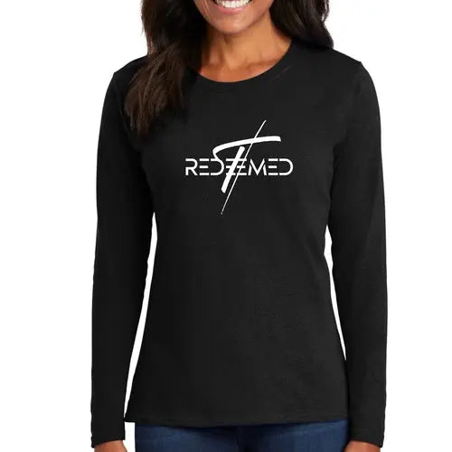 Womens Long Sleeve Graphic T-shirt - Redeemed Cross | Christian Inspirational Tee | Grey Coco