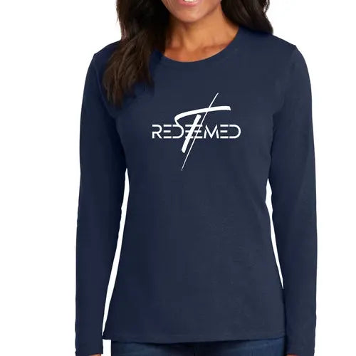 Womens Long Sleeve Graphic T-shirt - Redeemed Cross | Christian Inspirational Tee | Grey Coco