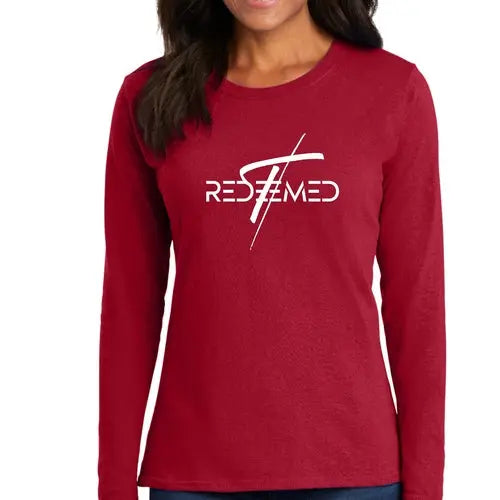 Womens Long Sleeve Graphic T-shirt - Redeemed Cross | Christian Inspirational Tee | Grey Coco