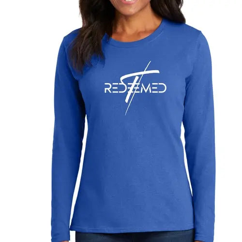 Womens Long Sleeve Graphic T-shirt - Redeemed Cross | Christian Inspirational Tee | Grey Coco
