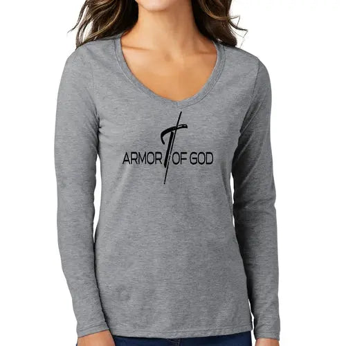 Womens Long Sleeve V-neck Graphic T-shirt - Armor of God | Christian Scripture Tee | Grey Coco