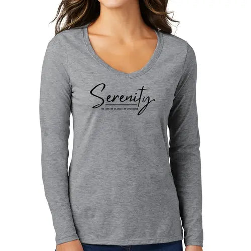 Womens Long Sleeve V-neck Graphic T-shirt - Serenity "Be Calm" | Inspirational Tee | Grey Coco
