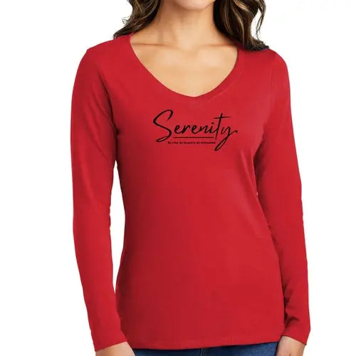 Womens Long Sleeve V-neck Graphic T-shirt - Serenity "Be Calm" | Inspirational Tee | Grey Coco