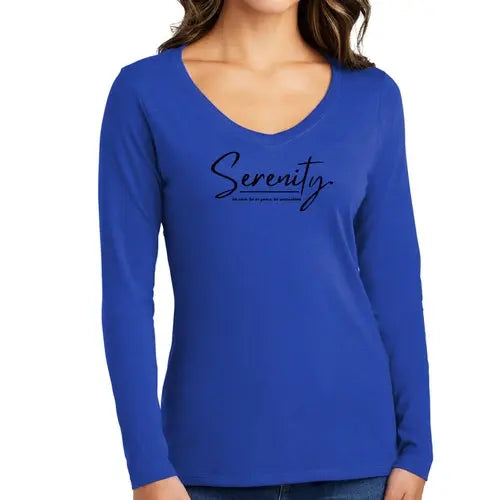 Womens Long Sleeve V-neck Graphic T-shirt - Serenity "Be Calm" | Inspirational Tee | Grey Coco