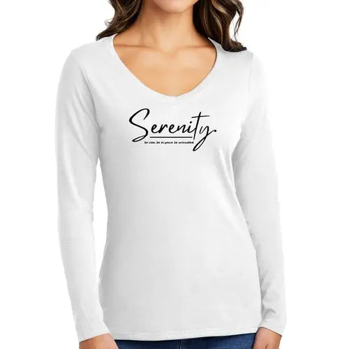 Womens Long Sleeve V-neck Graphic T-shirt - Serenity "Be Calm" | Inspirational Tee | Grey Coco