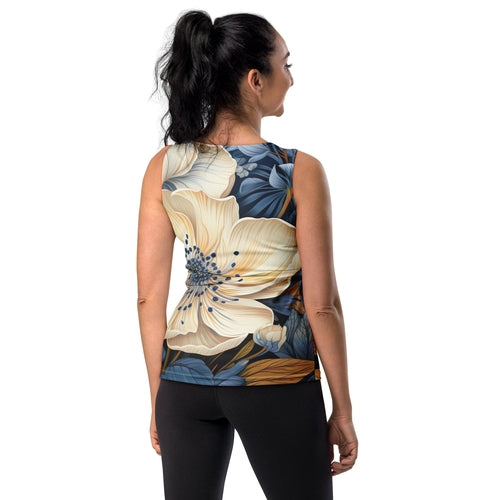 Womens Stretch Fit Tank Top - Floral Blue Print | Grey Coco