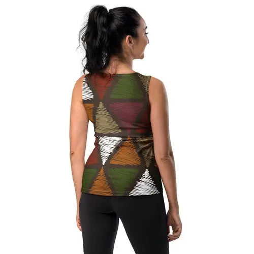 Womens Stretch Fit Tank Top - Red Green Geometric Lines | Lightweight & Versatile | Grey Coco