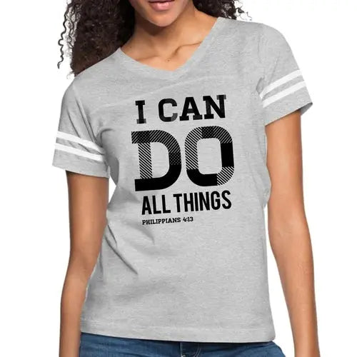 Womens Vintage Sport Graphic T-shirt – I Can Do All Things Philippians | Poly-Cotton, Contrasting Stripes | Grey Coco