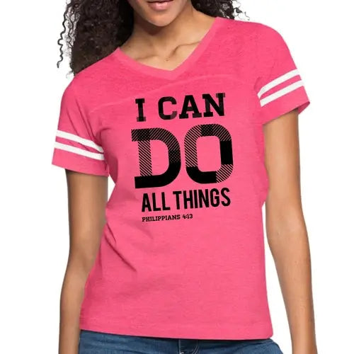 Womens Vintage Sport Graphic T-shirt – I Can Do All Things Philippians | Poly-Cotton, Contrasting Stripes | Grey Coco