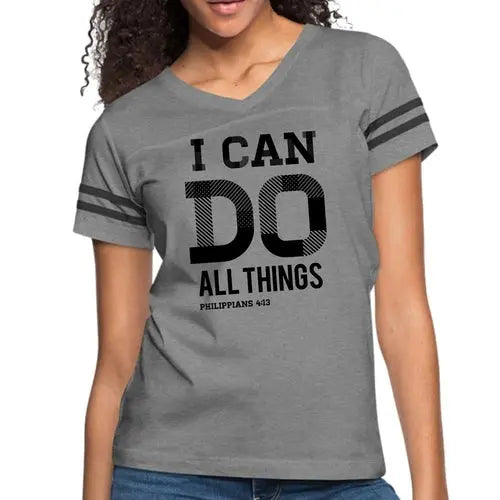 Womens Vintage Sport Graphic T-shirt – I Can Do All Things Philippians | Poly-Cotton, Contrasting Stripes | Grey Coco