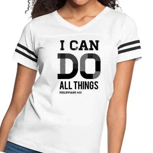 Womens Vintage Sport Graphic T-shirt – I Can Do All Things Philippians | Poly-Cotton, Contrasting Stripes | Grey Coco