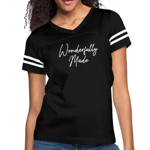 Womens Vintage Sport Graphic T-shirt – Wonderfully Made | Poly-Cotton Blend, Contrasting Stripes | Grey Coco