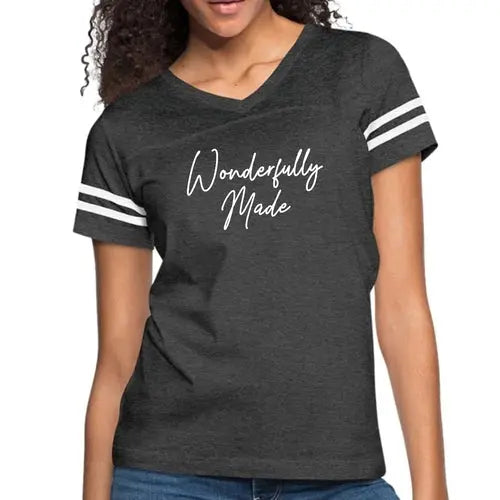 Womens Vintage Sport Graphic T-shirt – Wonderfully Made | Poly-Cotton Blend, Contrasting Stripes | Grey Coco
