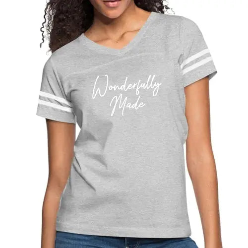 Womens Vintage Sport Graphic T-shirt – Wonderfully Made | Poly-Cotton Blend, Contrasting Stripes | Grey Coco
