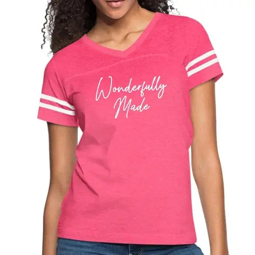 Womens Vintage Sport Graphic T-shirt – Wonderfully Made | Poly-Cotton Blend, Contrasting Stripes | Grey Coco