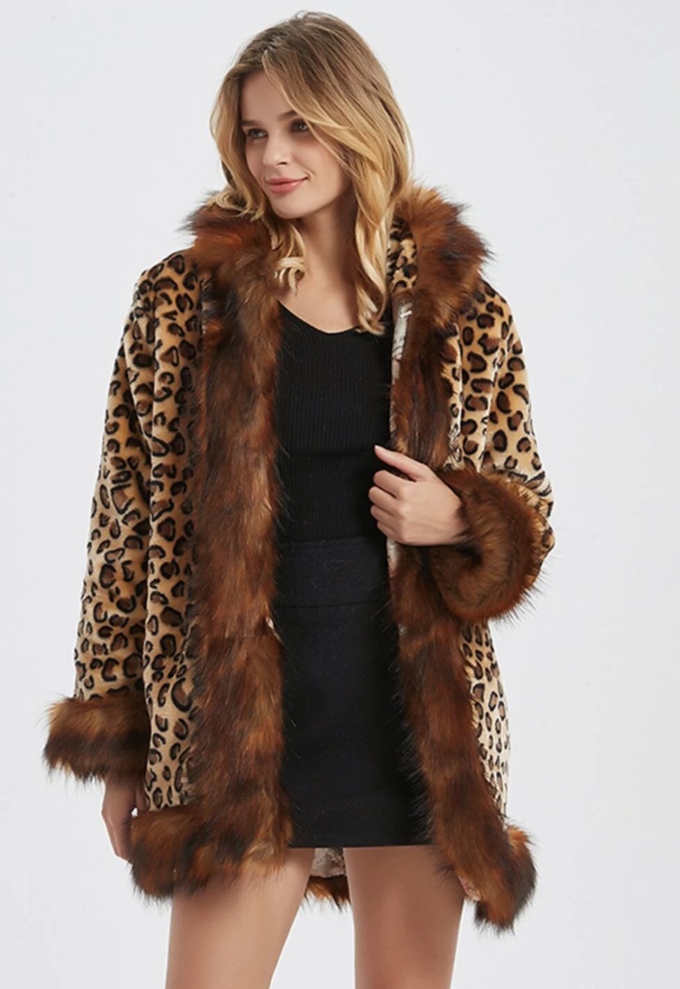 Womens Leopard Print Hooded Faux Fur Collar Jacket | Yellow Pandora